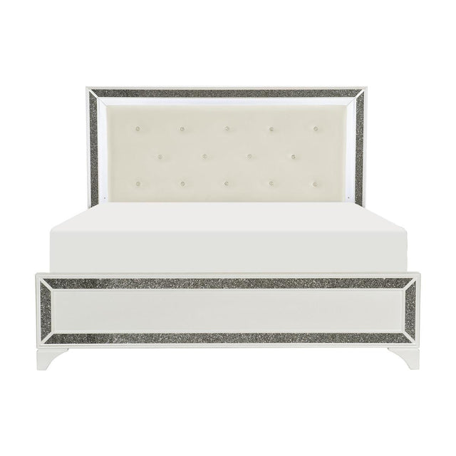 Salon pearl white king panel bed side view showing LED tufted headboard