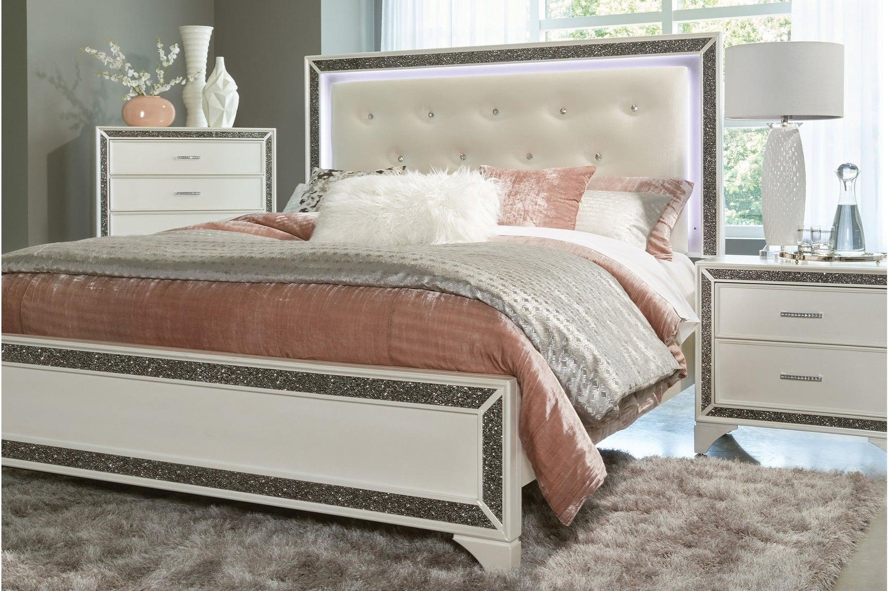 Salon White Faux Leather Tufted LED Panel Bedroom Set bed side view
