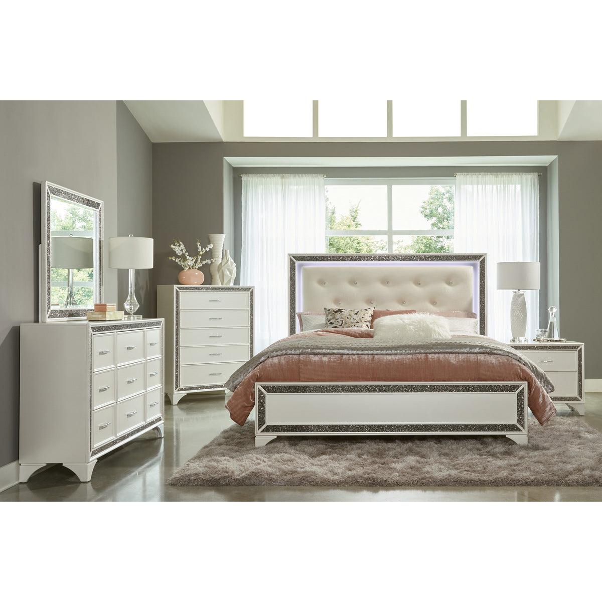 Salon queen bed styled in bedroom setting