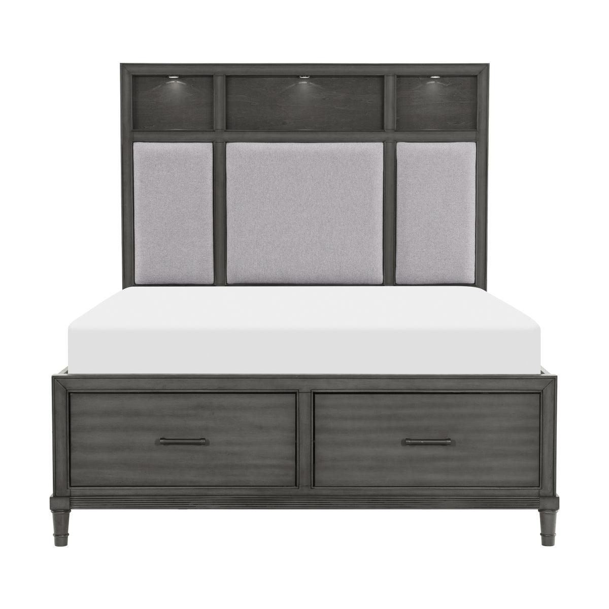 Wittenberry Gray Queen Platform Bed front view with fabric upholstered headboard and LED lighting