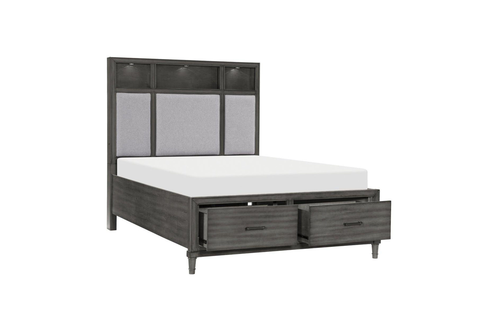 Side view of bed with open storage compartment