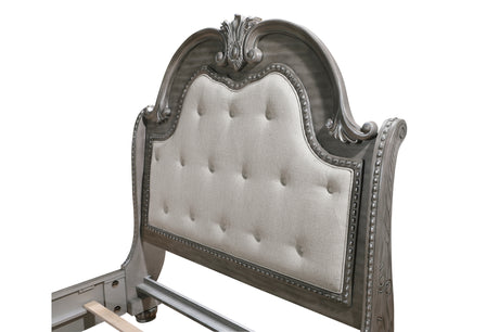 close side view of gray upholstered headboard