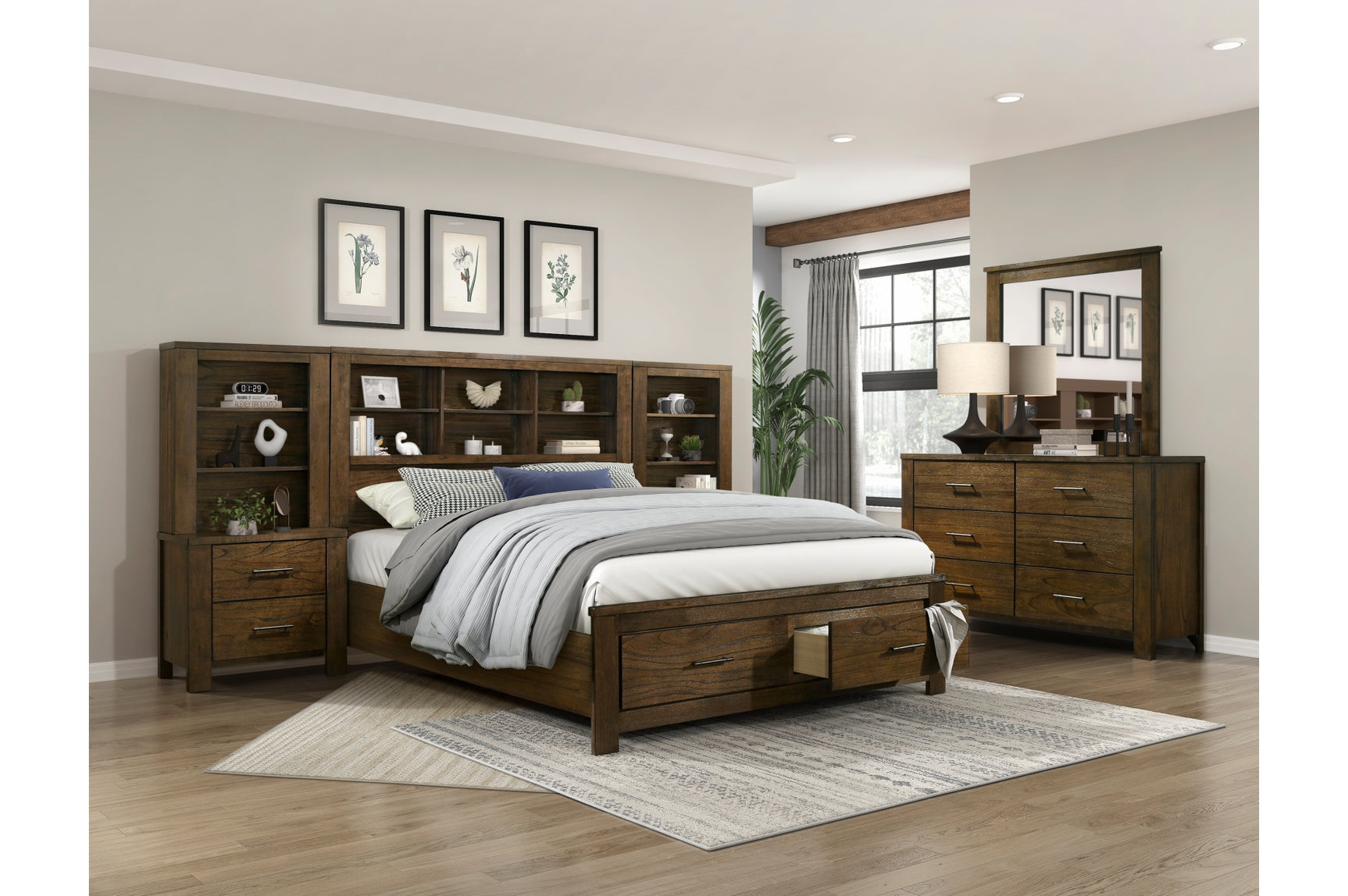 side view of Sullivan dark brown bookcase storage platform bed