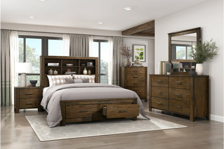 main view of Sullivan dark brown bookcase storage platform bed