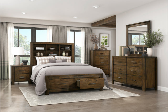 main view of Sullivan dark brown bookcase storage platform bed