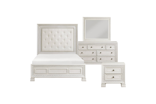 Theodora Pearl White Upholstered Tufted Panel Bedroom Set bed front view