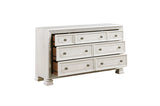 side view of Theodora Pearl White Upholstered Tufted Panel Bedroom Set bed
