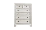 bedroom view of Theodora Pearl White Upholstered Tufted Panel Bedroom Set bed