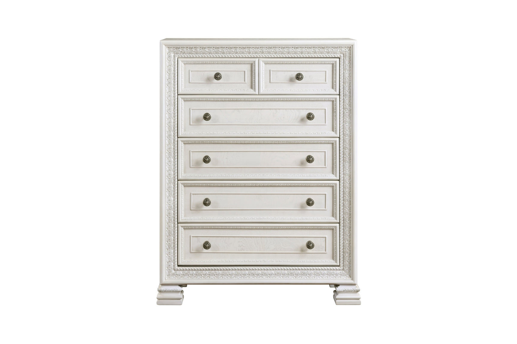 bedroom view of Theodora Pearl White Upholstered Tufted Panel Bedroom Set bed