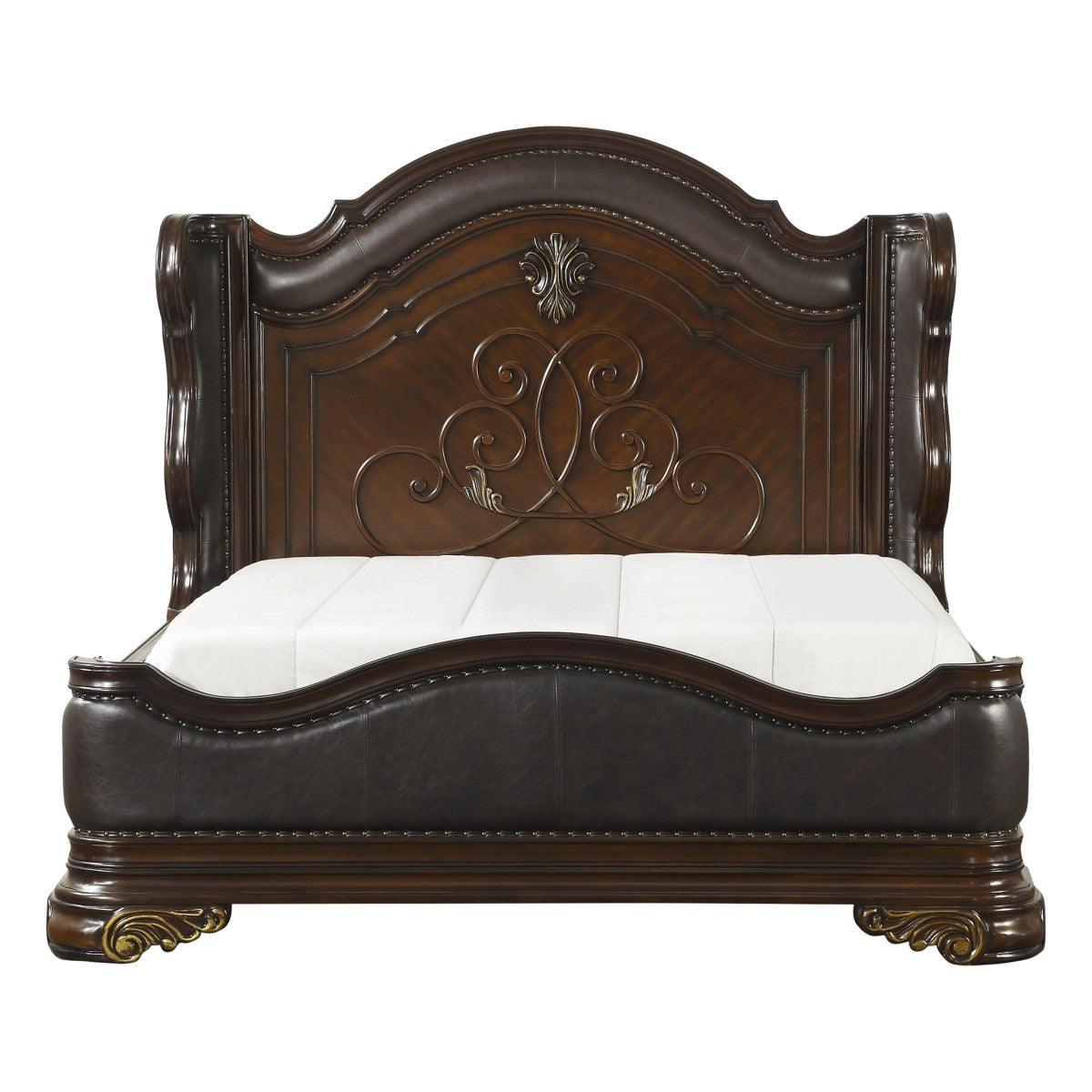 Royal Highlands Cherry Finish Faux Leather King Panel Bed front angle