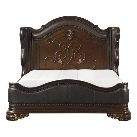 Royal Highlands Cherry Finish Faux Leather King Panel Bed front angle