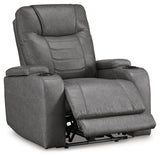 Reclining position of Schooner Rocks Slate Faux Leather Power Recliner