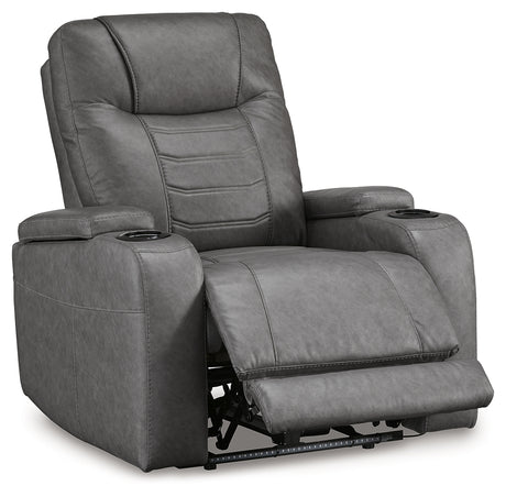 Reclining position of Schooner Rocks Slate Faux Leather Power Recliner