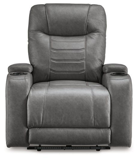 Front view of Schooner Rocks Slate Faux Leather Power Recliner