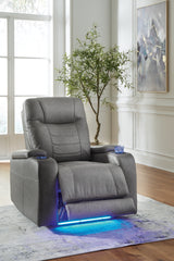Open reclined side view of Schooner Rocks Slate Faux Leather Power Recliner