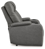 Side profile of Schooner Rocks Slate Faux Leather Power Recliner