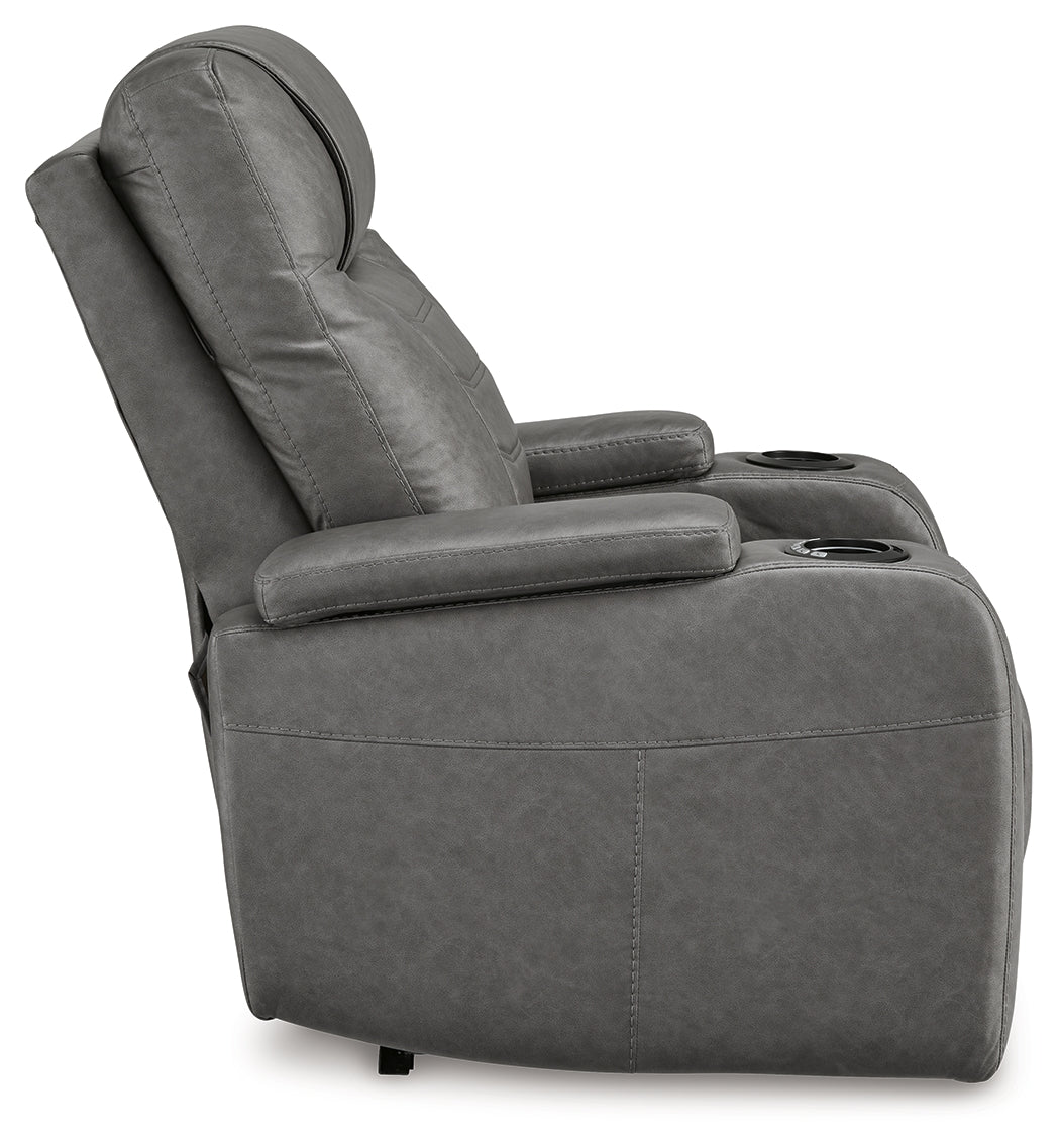 Side profile of Schooner Rocks Slate Faux Leather Power Recliner