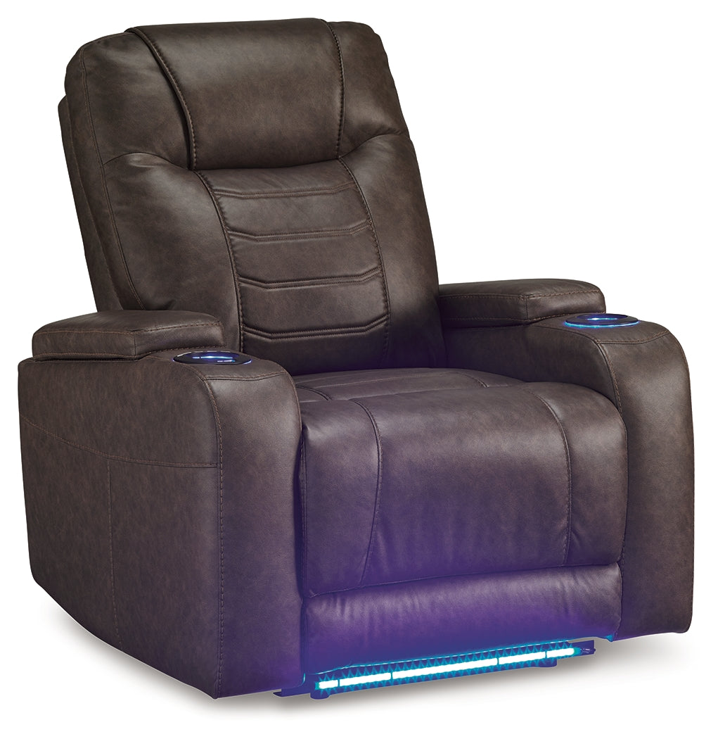 side view of Schooner Rocks Umber Faux Leather Power Recliner