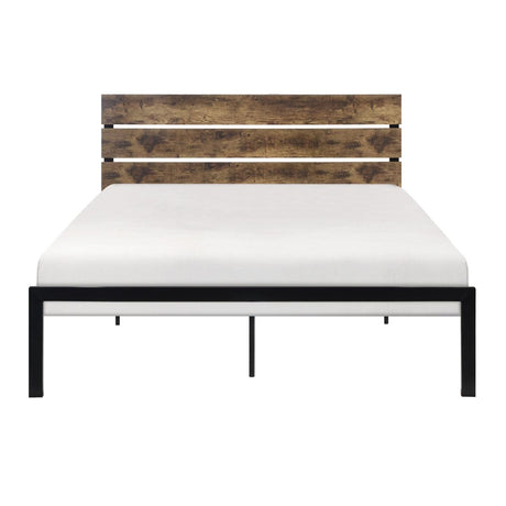Marshall Black Metal Frame Queen Platform Bed with Faux Wood Veneered Headboard front view