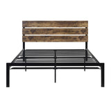 Close-up of black metal frame and faux wood veneered headboard