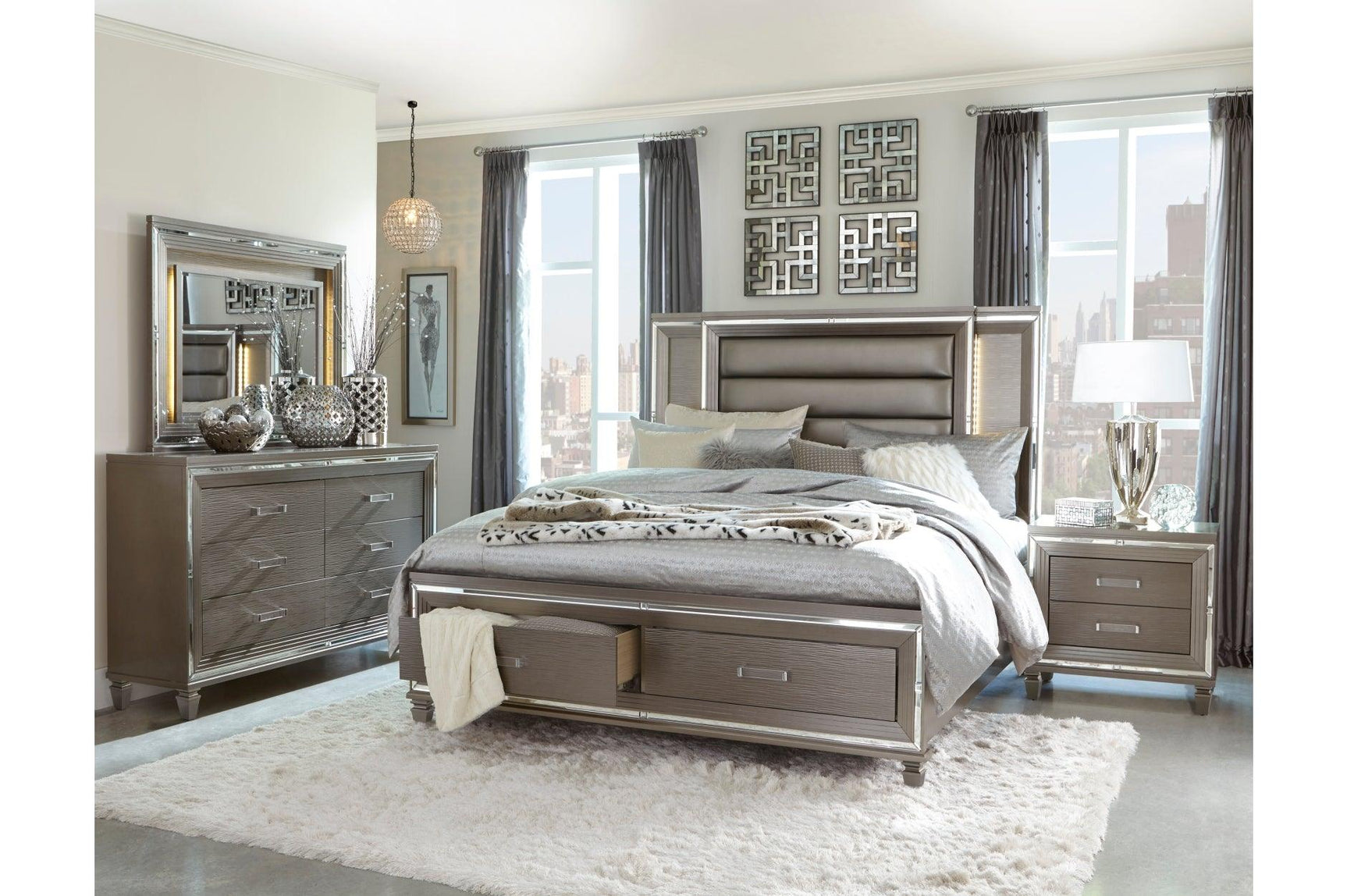 Main view of Tamsin Silver Gray Faux Leather LED Storage Platform Bedroom Set bed