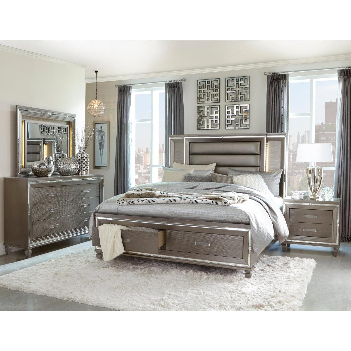 Close-up of Tamsin silver gray faux leather padded headboard with LED lighting