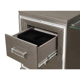 Open top drawer of Tamsin vanity dresser showing felt-lined jewelry tray