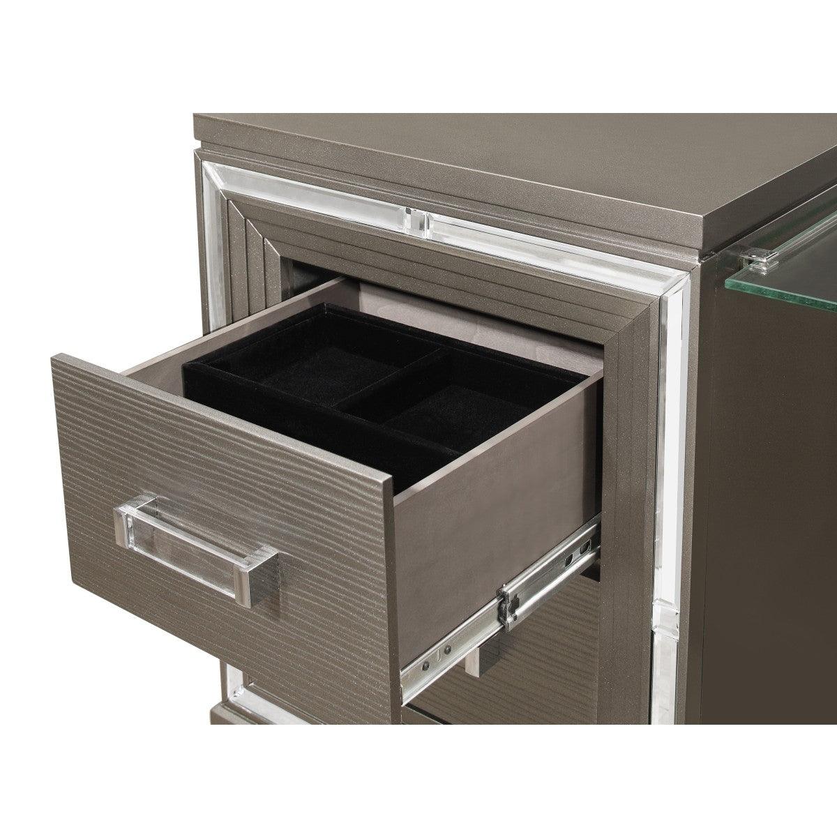 Open top drawer of Tamsin vanity dresser showing felt-lined jewelry tray