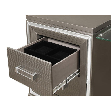 Open top drawer of Tamsin vanity dresser showing felt-lined jewelry tray