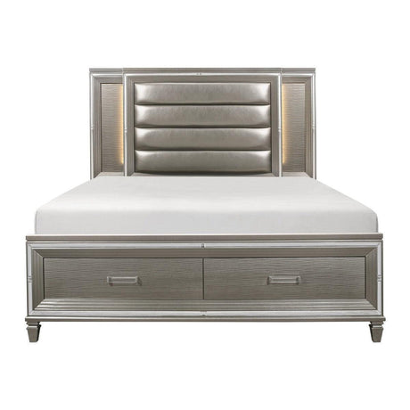 Front view of Tamsin Silver-gray embossed wood and faux leather king platform bed