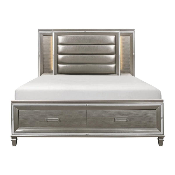 Front view of Tamsin Silver-gray embossed wood and faux leather king platform bed