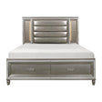 Tamsin queen platform bed front view with silver gray faux leather and LED lighting