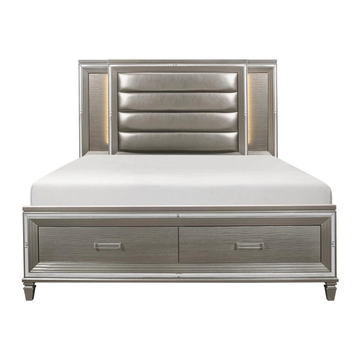 Tamsin queen platform bed front view with silver gray faux leather and LED lighting