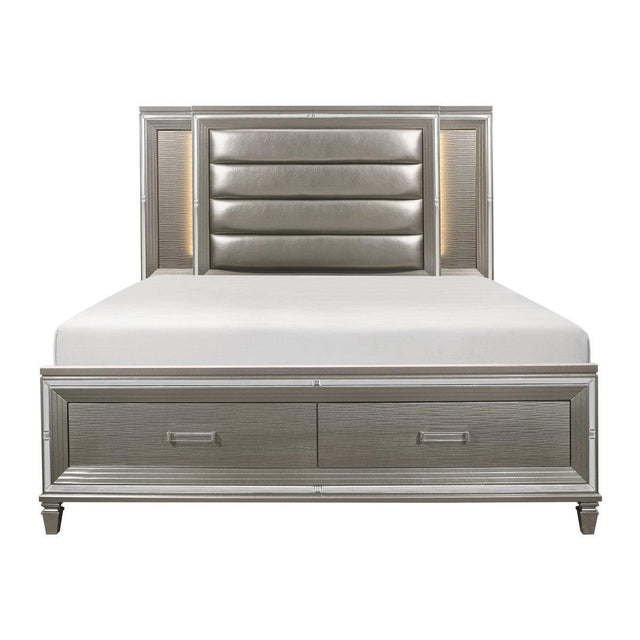 Tamsin queen platform bed front view with silver gray faux leather and LED lighting