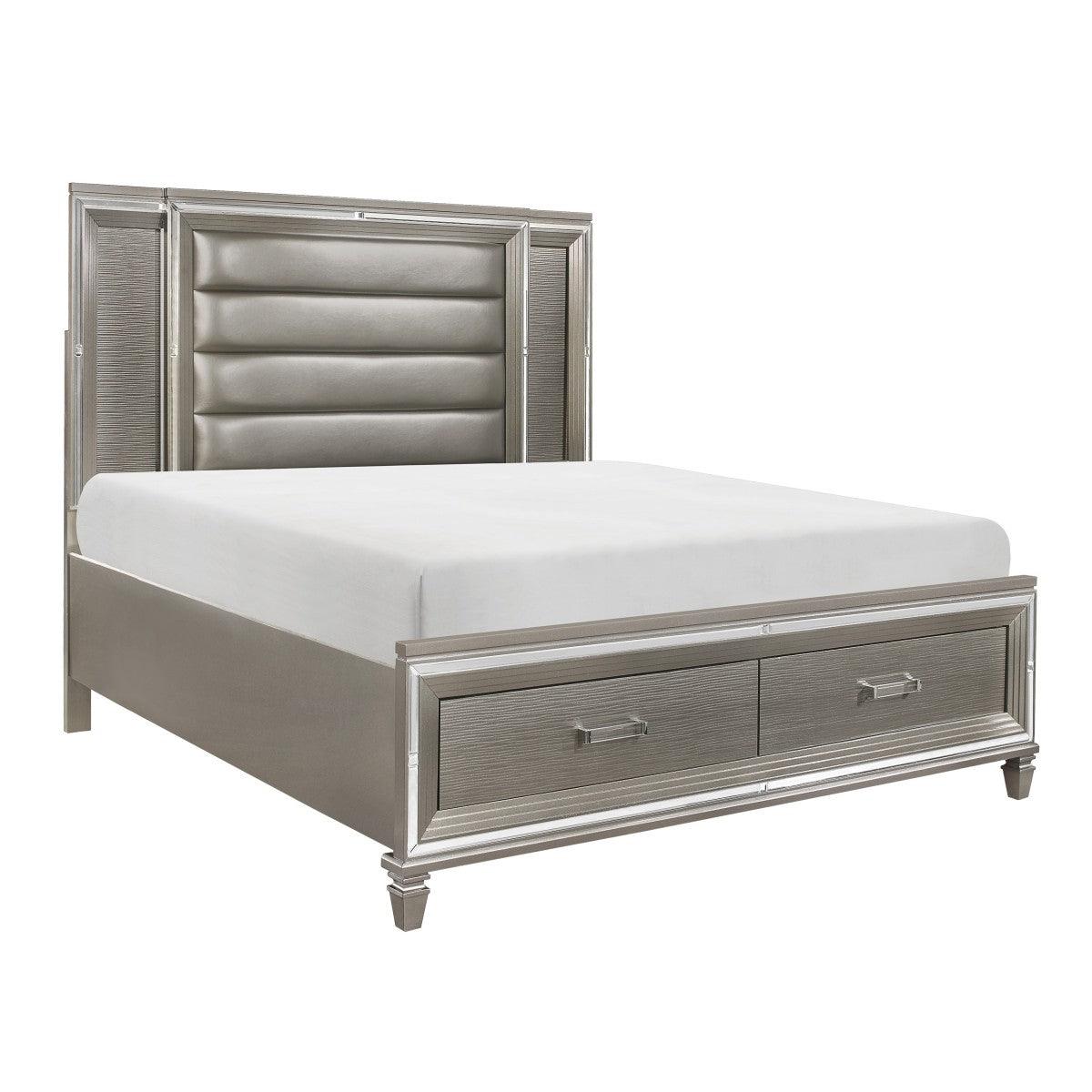 Side angle of Tamsin Silver-gray faux leather upholstered king platform bed