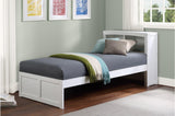 Galen White Twin Bed showing storage drawer open