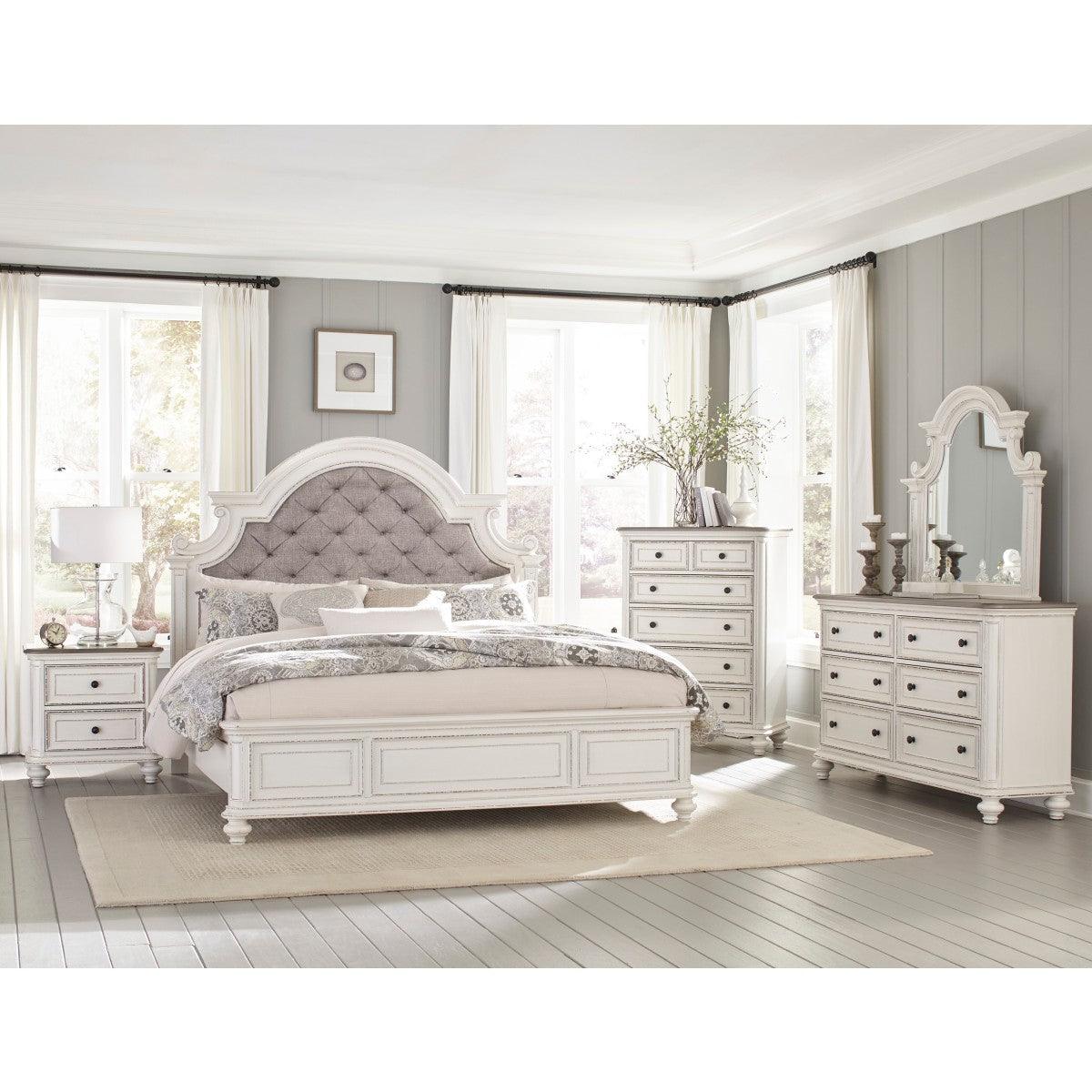 Baylesford queen bed showing wood footboard and fabric upholstery