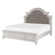 Baylesford Antique White Tufted Gray Fabric Upholstered King Panel Bed, angled side view