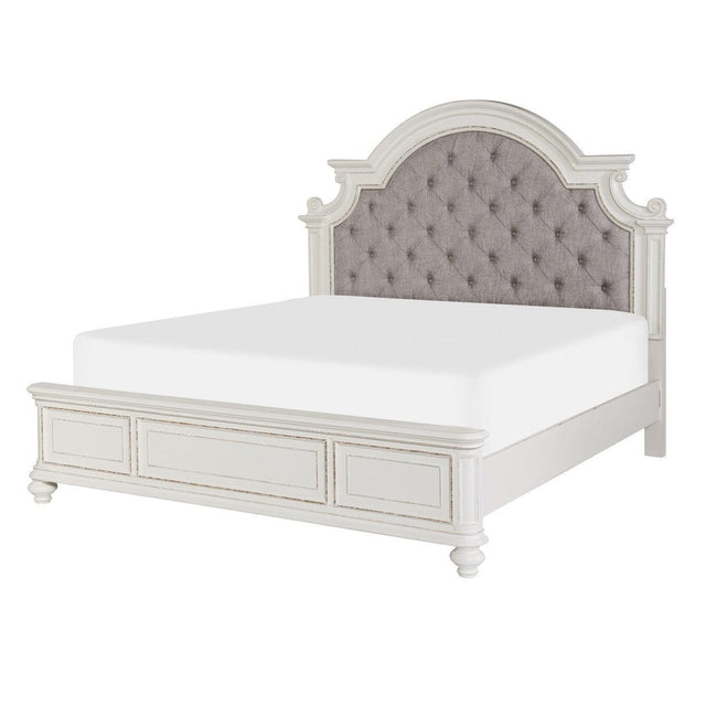 Baylesford antique white oak veneer queen bed angled side view with fabric upholstery