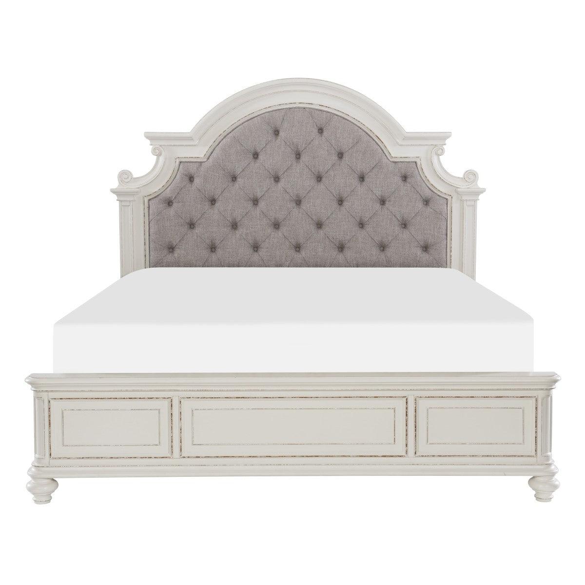 Baylesford antique white oak veneer queen bed with gray fabric tufted headboard front view