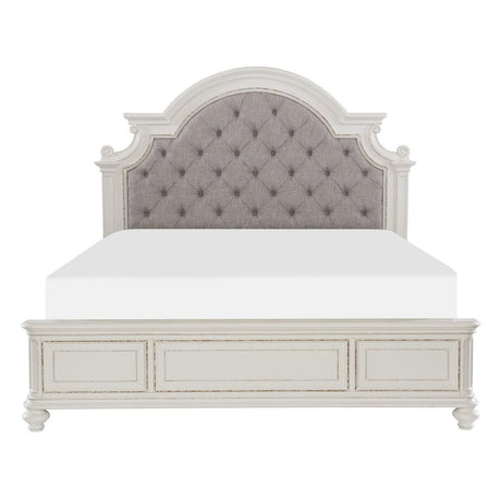 Baylesford antique white oak veneer queen bed with gray fabric tufted headboard front view