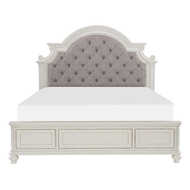 Baylesford antique white oak veneer queen bed with gray fabric tufted headboard front view