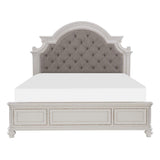 Baylesford Antique White Tufted Gray Fabric Upholstered King Panel Bed, front view