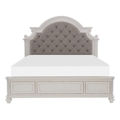 Baylesford Antique White Tufted Gray Fabric Upholstered King Panel Bed, front view