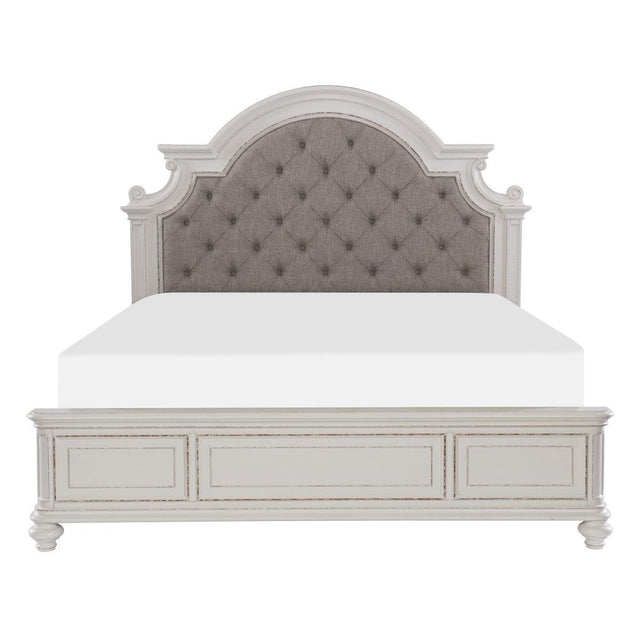 Baylesford Antique White Tufted Gray Fabric Upholstered King Panel Bed, front view