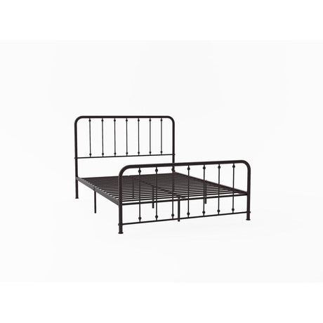 Side perspective of Larkspur dark bronze youth queen bed metal frame