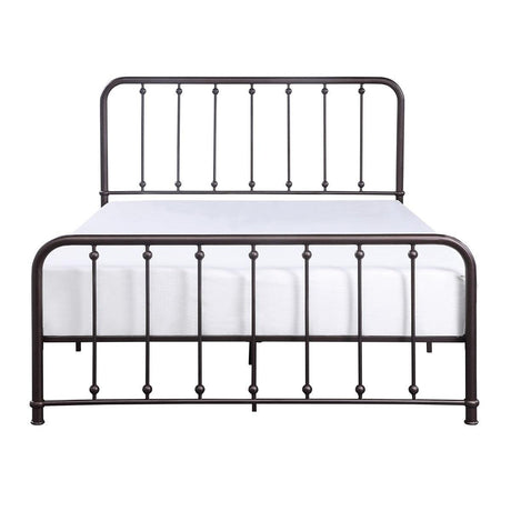 Front view of Larkspur youth queen platform bed in dark bronze finish with metal frame