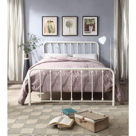 White full spindle metal bed angled view