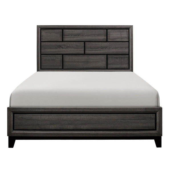 Davi Gray Full Size Bed with gray faux wood veneer and velvet upholstered headboard angled front view