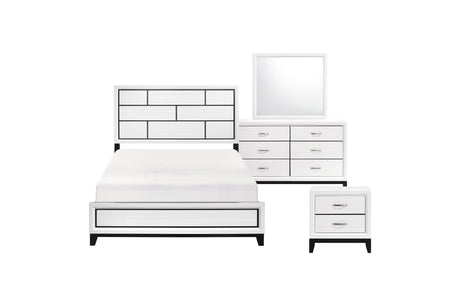 Davi White Panel Bedroom Set with bed, dresser, mirror, nightstand, and chest in white